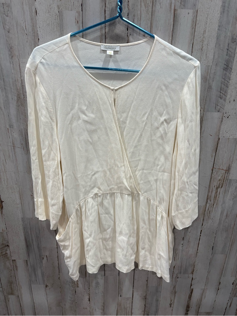 Garnet Hill Viscose Peplum Tunic Top Ivory Cream Long Sleeve V Neck Women’s 12
